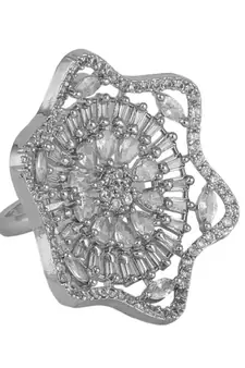 Absract Shaped American Diamond Studded Silver Statement Cocktail Ring for Girls and Women