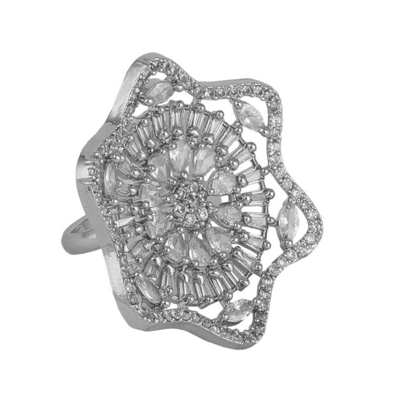 Absract Shaped American Diamond Studded Silver Statement Cocktail Ring for Girls and Women