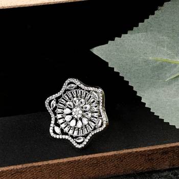 Absract Shaped American Diamond Studded Silver Statement Cocktail Ring for Girls and Women 4