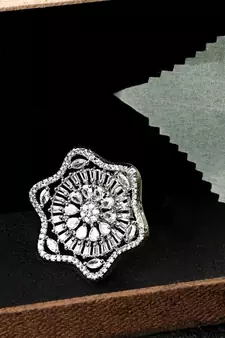Absract Shaped American Diamond Studded Silver Statement Cocktail Ring for Girls and Women