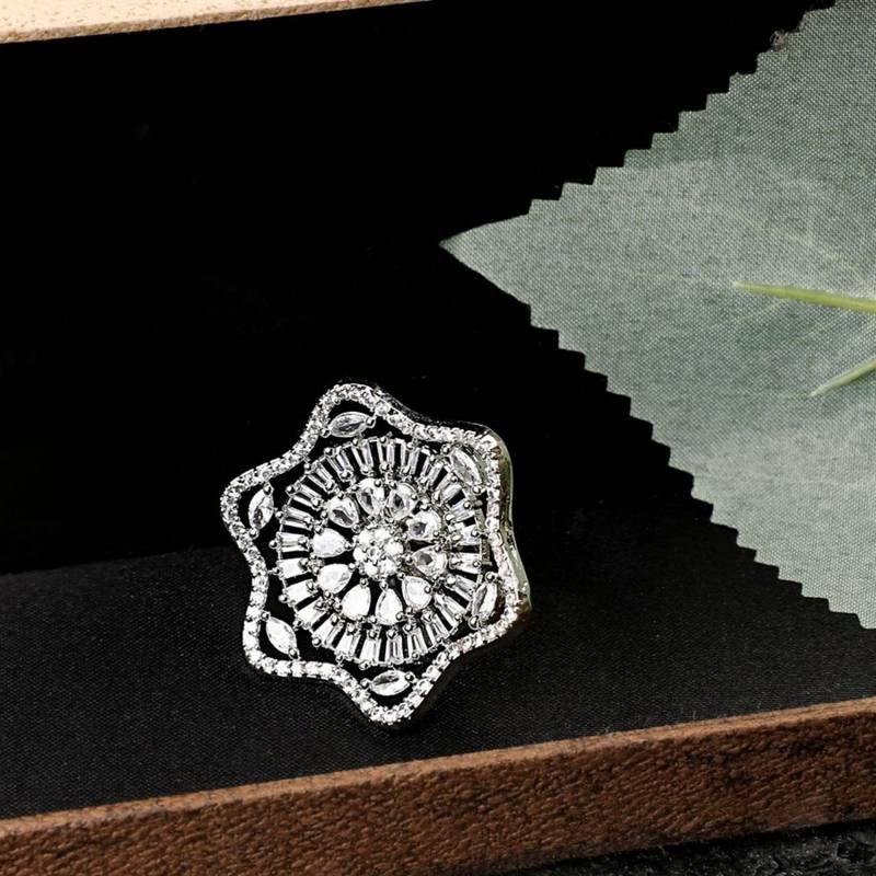 Absract Shaped American Diamond Studded Silver Statement Cocktail Ring for Girls and Women
