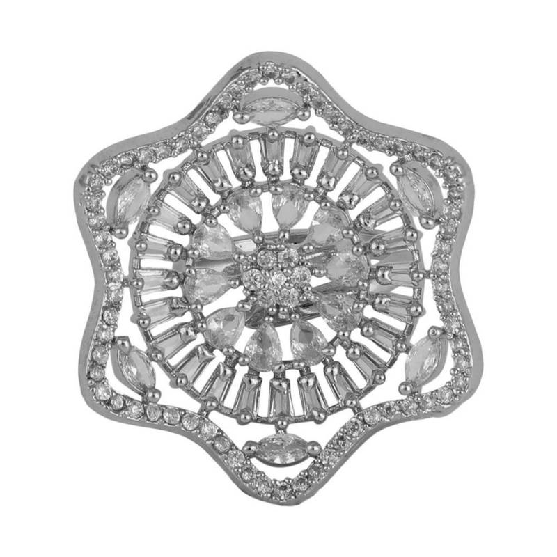 Absract Shaped American Diamond Studded Silver Statement Cocktail Ring for Girls and Women