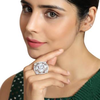 Statement American Diamond Studded Silver Symmentrical Shaped Cocktail Ring for Girls and Women 1