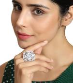 Statement American Diamond Studded Silver Symmentrical Shaped Cocktail Ring for Girls and Women