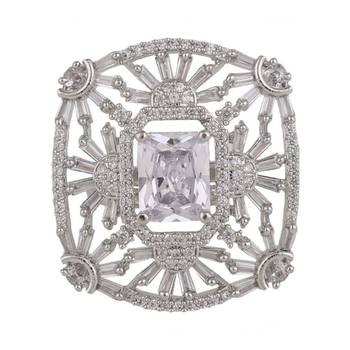 Statement American Diamond Studded Silver Symmentrical Shaped Cocktail Ring for Girls and Women 2