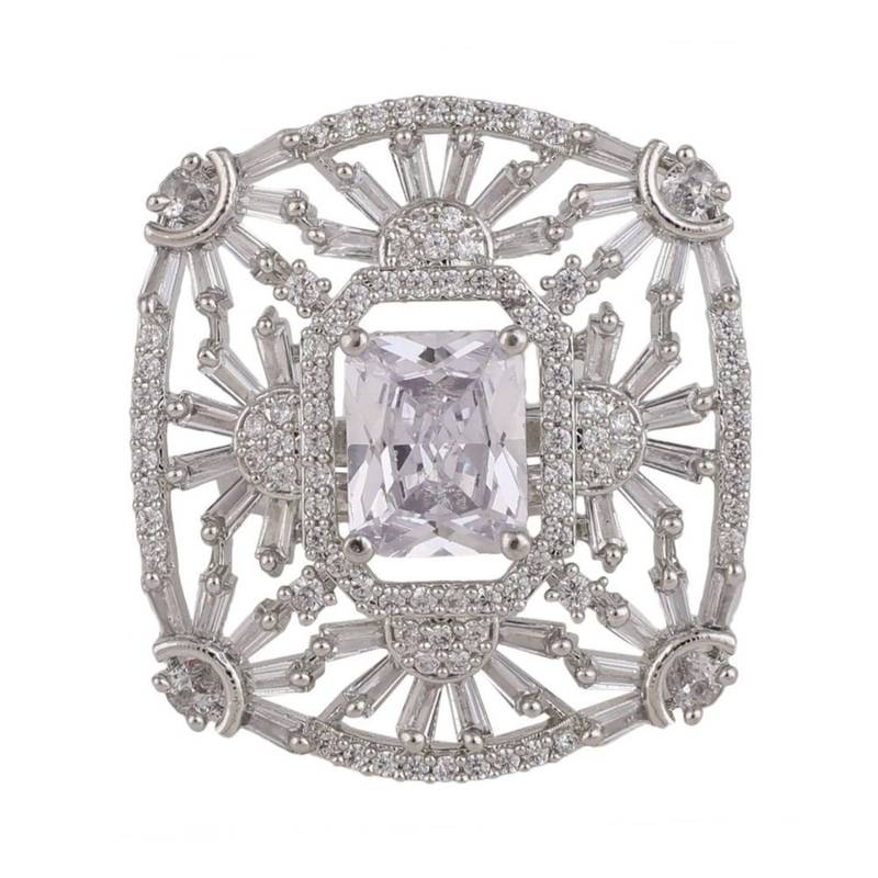 Statement American Diamond Studded Silver Symmentrical Shaped Cocktail Ring for Girls and Women