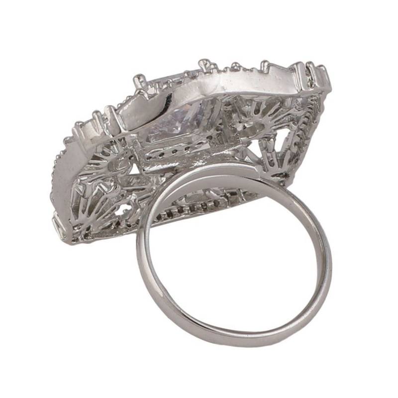 Statement American Diamond Studded Silver Symmentrical Shaped Cocktail Ring for Girls and Women