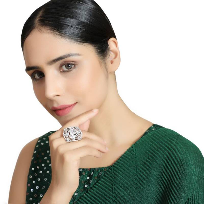 Statement American Diamond Studded Silver Symmentrical Shaped Cocktail Ring for Girls and Women