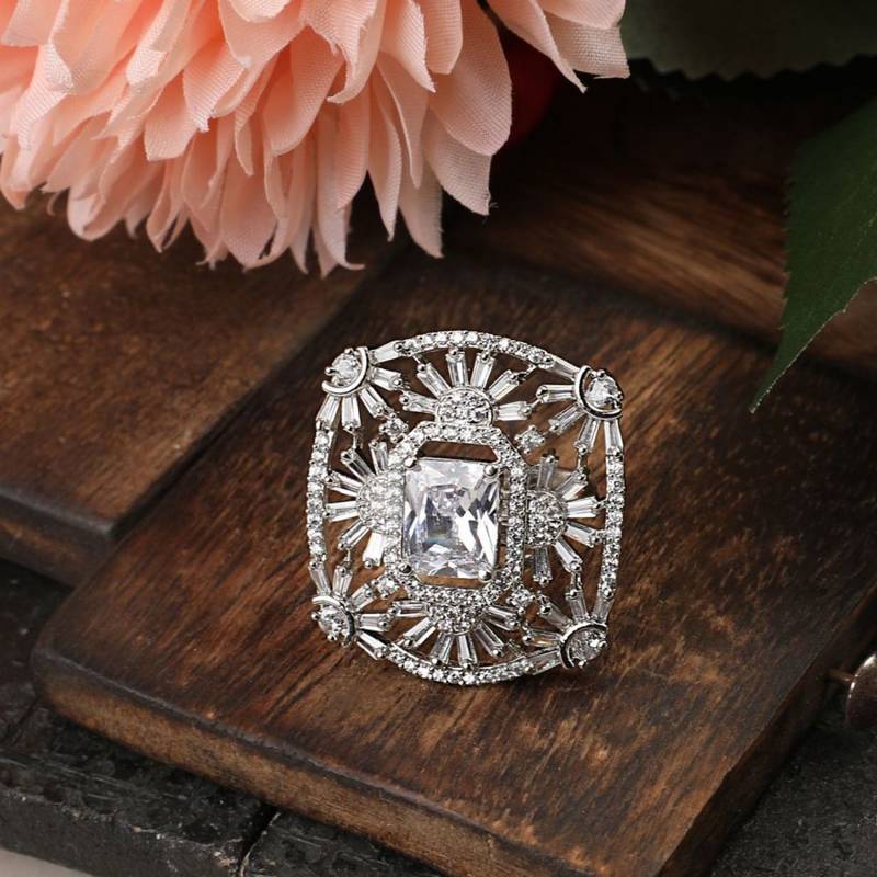 Statement American Diamond Studded Silver Symmentrical Shaped Cocktail Ring for Girls and Women