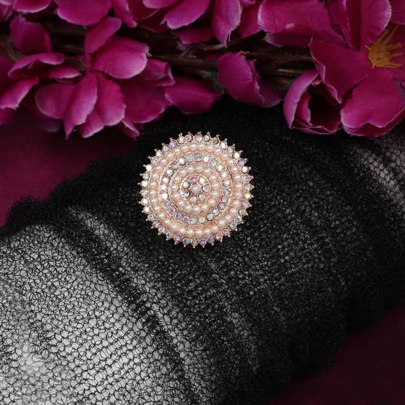 Rose Gold Stone and Pearl Studded Round Shaped Cocktail Ring for Girls and Women