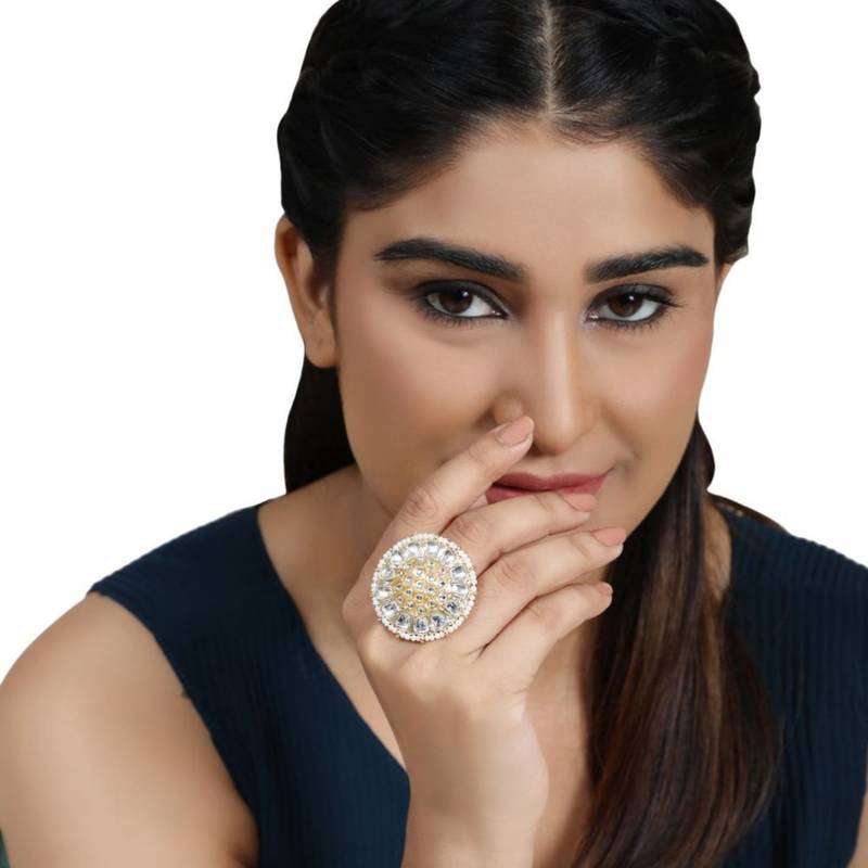 Ethnic Gold Plated Kundan and Pearl Studded Statement Cocktail Ring for Girls and Women