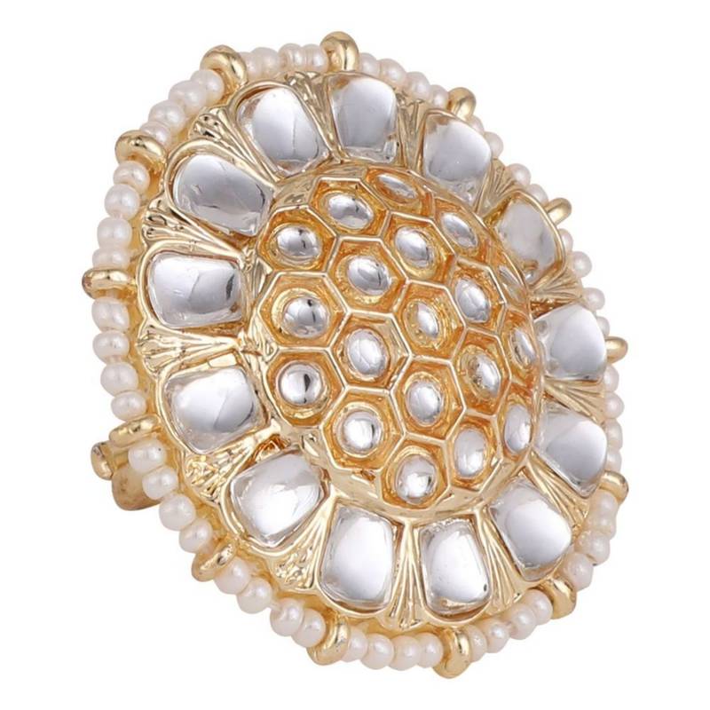Ethnic Gold Plated Kundan and Pearl Studded Statement Cocktail Ring for Girls and Women