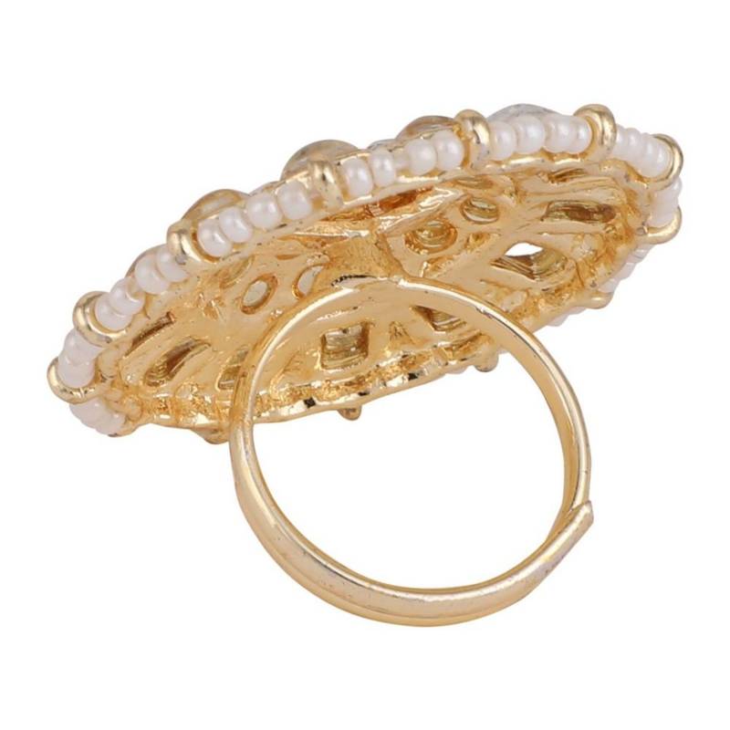 Ethnic Gold Plated Kundan and Pearl Studded Statement Cocktail Ring for Girls and Women