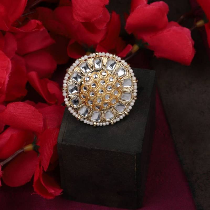 Ethnic Gold Plated Kundan and Pearl Studded Statement Cocktail Ring for Girls and Women