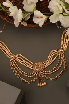 Traditional Gold plated Stone Studded with Layers of Pearl hanging Statement Waist Band for Girls and Women