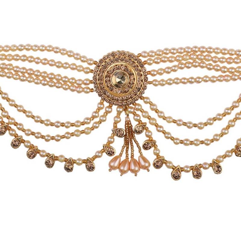 Traditional Gold plated Stone Studded with Layers of Pearl hanging Statement Waist Band for Girls and Women