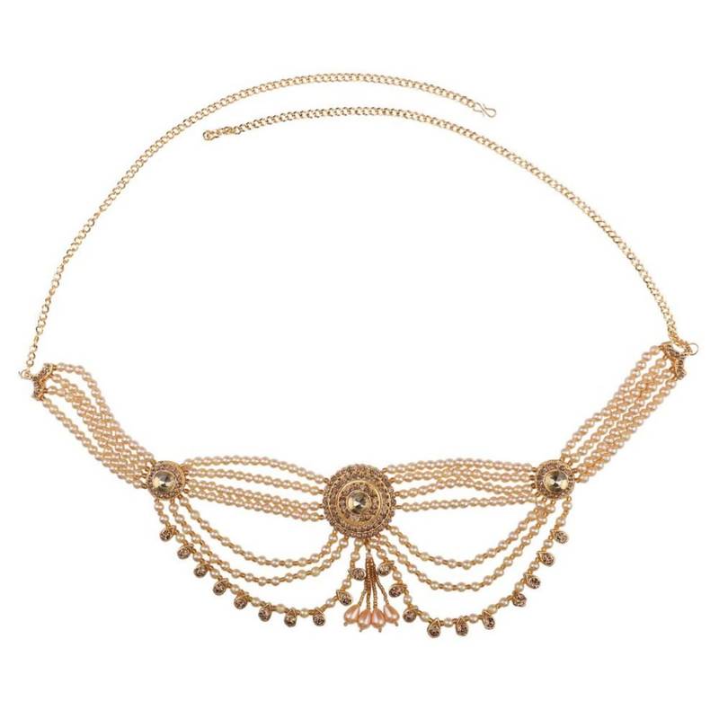 Traditional Gold plated Stone Studded with Layers of Pearl hanging Statement Waist Band for Girls and Women