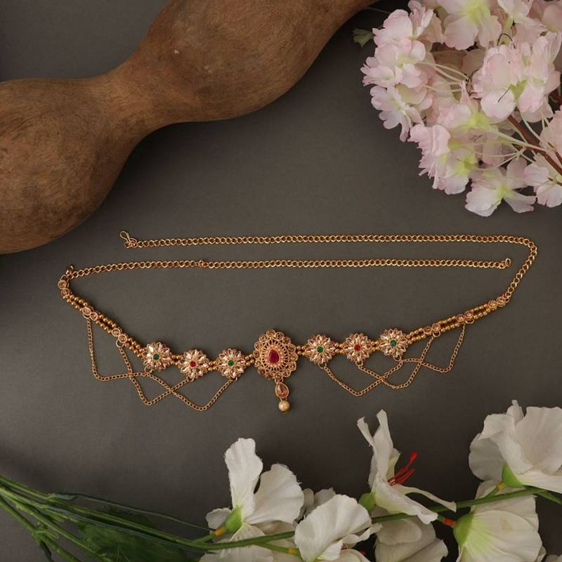 Traditional Gold Plated Floral Shaped Stone Studded Layers of hanging Chain Waist Band for Girls and Women