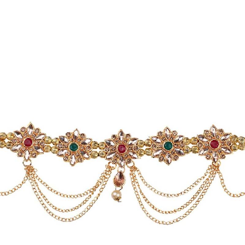 Traditional Gold Plated Floral Shaped Stone Studded Layers of hanging Chain Waist Band for Girls and Women
