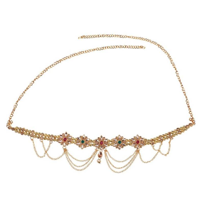 Traditional Gold Plated Floral Shaped Stone Studded Layers of hanging Chain Waist Band for Girls and Women