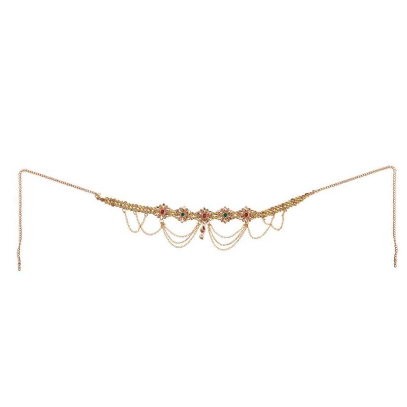 Traditional Gold Plated Floral Shaped Stone Studded Layers of hanging Chain Waist Band for Girls and Women