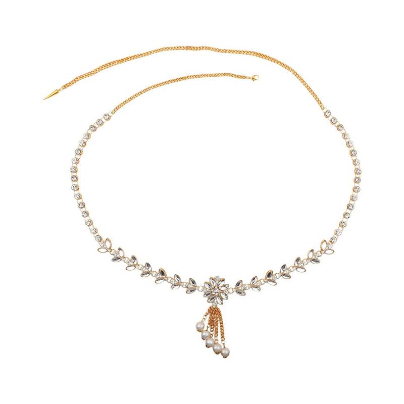Statement Gold Plated White Stone Studded Floral Design Kamarbandh or Waist Belt for Girls and Women.