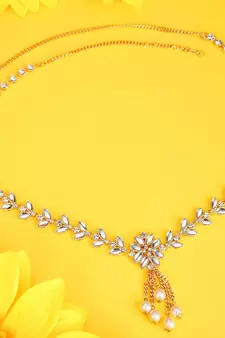 Statement Gold Plated White Stone Studded Floral Design Kamarbandh or Waist Belt for Girls and Women.