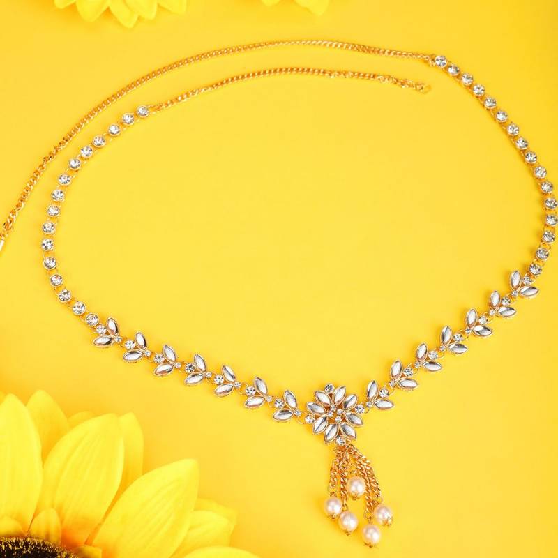 Statement Gold Plated White Stone Studded Floral Design Kamarbandh or Waist Belt for Girls and Women.