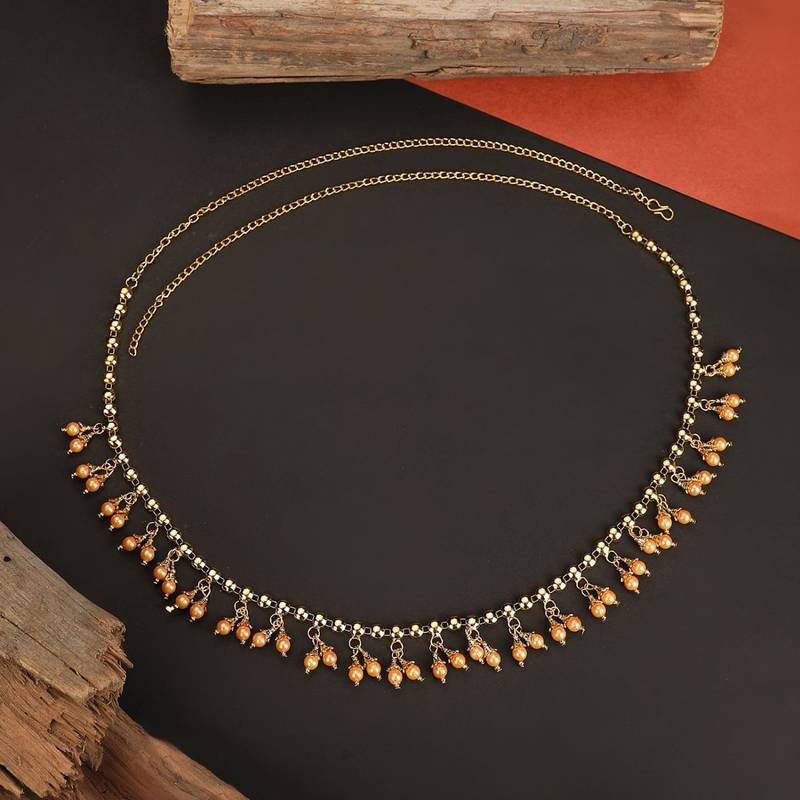 Contemporary Gold Plated Rose Gold Pearl Studded Design Kamarbandh or Waist Belt for Women and Girls