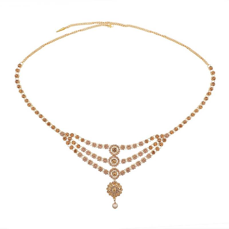 Ethnic Antique Gold Plated Stone Studded Three Chain Line Floral Design for Girls and Women