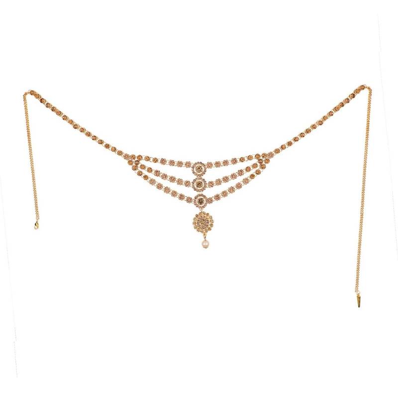 Ethnic Antique Gold Plated Stone Studded Three Chain Line Floral Design for Girls and Women