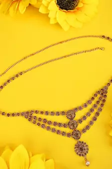 Ethnic Antique Gold Plated Stone Studded Three Chain Line Floral Design for Girls and Women