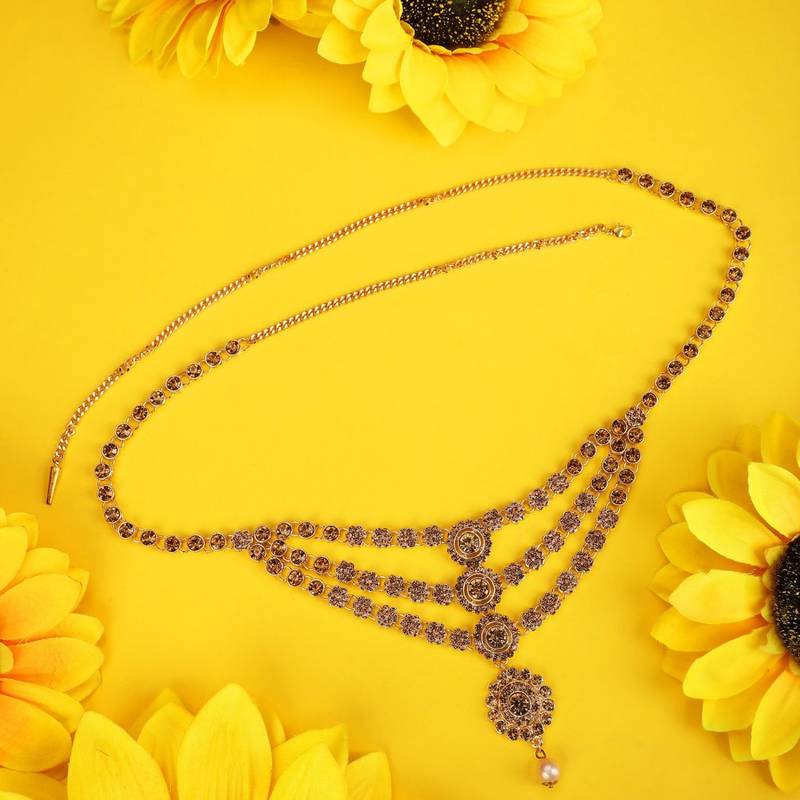 Ethnic Antique Gold Plated Stone Studded Three Chain Line Floral Design for Girls and Women