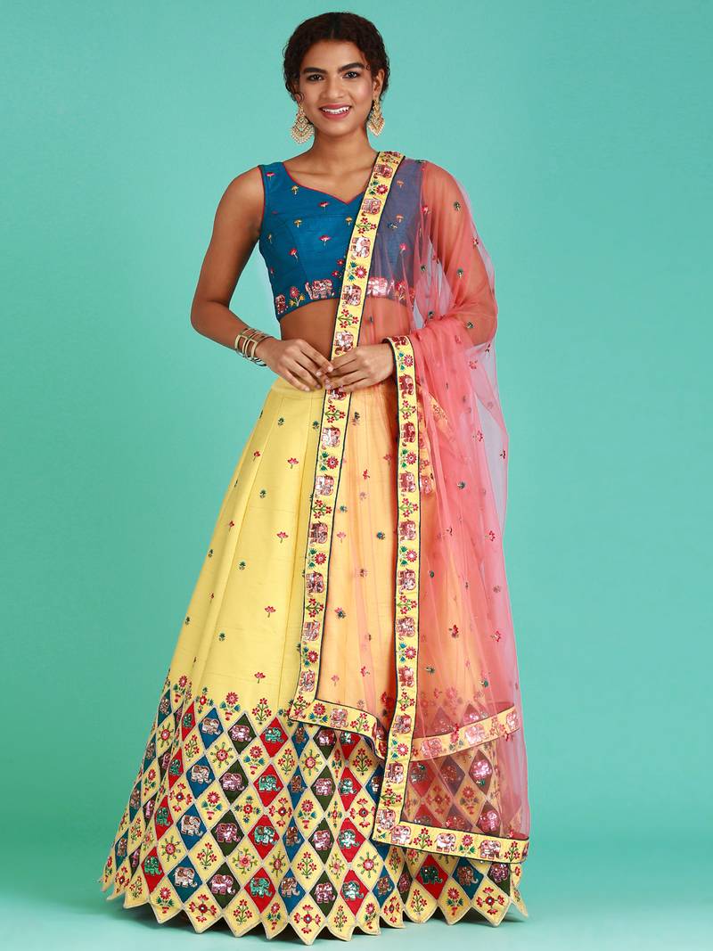 Yellow Pure Silk Sequise work Semi Stitched Lehenga & Unstitched Blouse with Dupatta