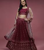 Panchhi Women Maroon Pure Georgette Sequinse Embroidered Semi Stitched Lehenga & Blouse with Dupatta