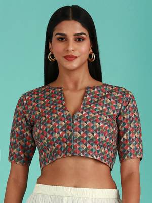 Olive-Toned Cotton Silk Thread Work Harlequin Print Readymade Blouse 1