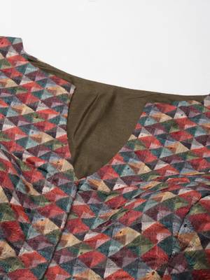 Olive-Toned Cotton Silk Thread Work Harlequin Print Readymade Blouse 2
