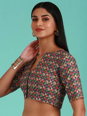 Olive-Toned Cotton Silk Thread Work Harlequin Print Readymade Blouse 3