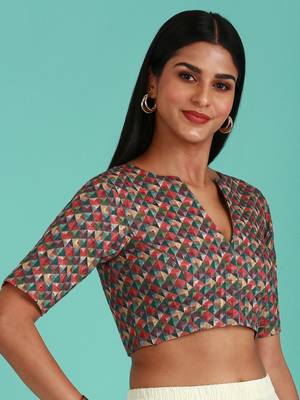 Olive-Toned Cotton Silk Thread Work Harlequin Print Readymade Blouse 4