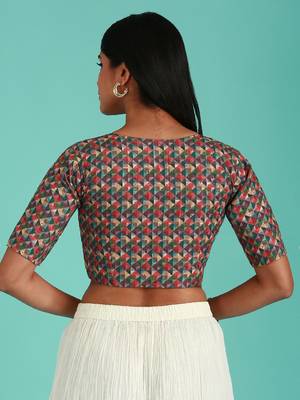 Olive-Toned Cotton Silk Thread Work Harlequin Print Readymade Blouse 5