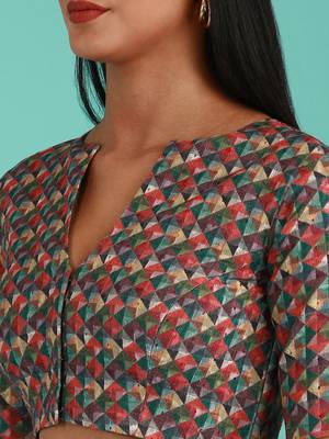 Olive-Toned Cotton Silk Thread Work Harlequin Print Readymade Blouse 8