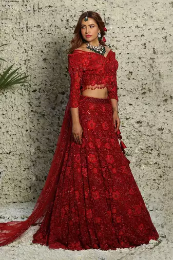 Red Floral Bridal Lehenga Set