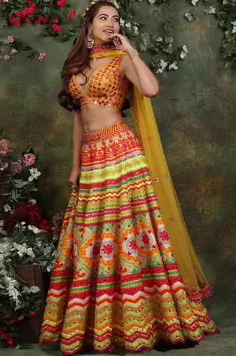 Mustard Colourful Mirror Lehenga Set
