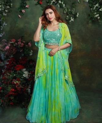 Light Blue And Green Tie And Dye Tropical Lehenga Set Jacket 1