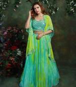 Light Blue And Green Tie And Dye Tropical Lehenga Set Jacket