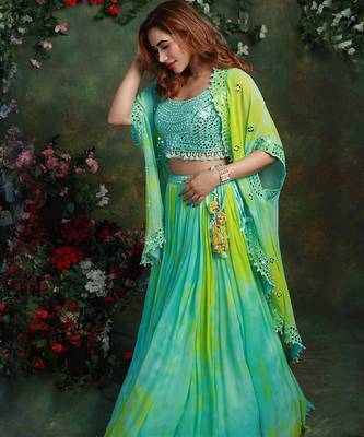 Light Blue And Green Tie And Dye Tropical Lehenga Set Jacket 2