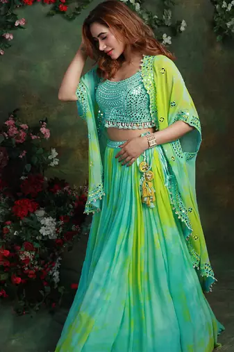 Light Blue And Green Tie And Dye Tropical Lehenga Set Jacket