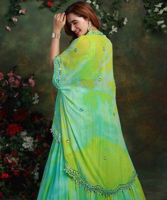 Light Blue And Green Tie And Dye Tropical Lehenga Set Jacket 3