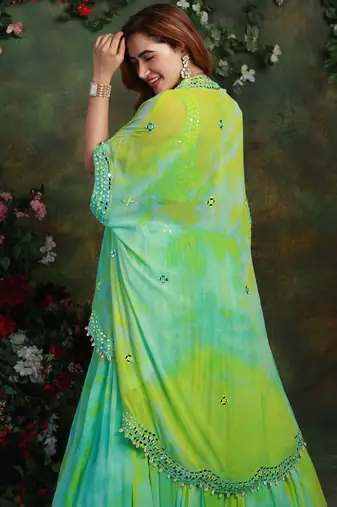 Light Blue And Green Tie And Dye Tropical Lehenga Set Jacket