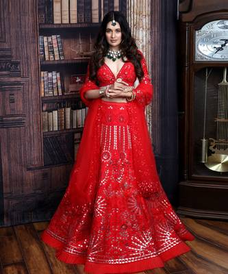 Red Mirror Work Lehenga Set 1